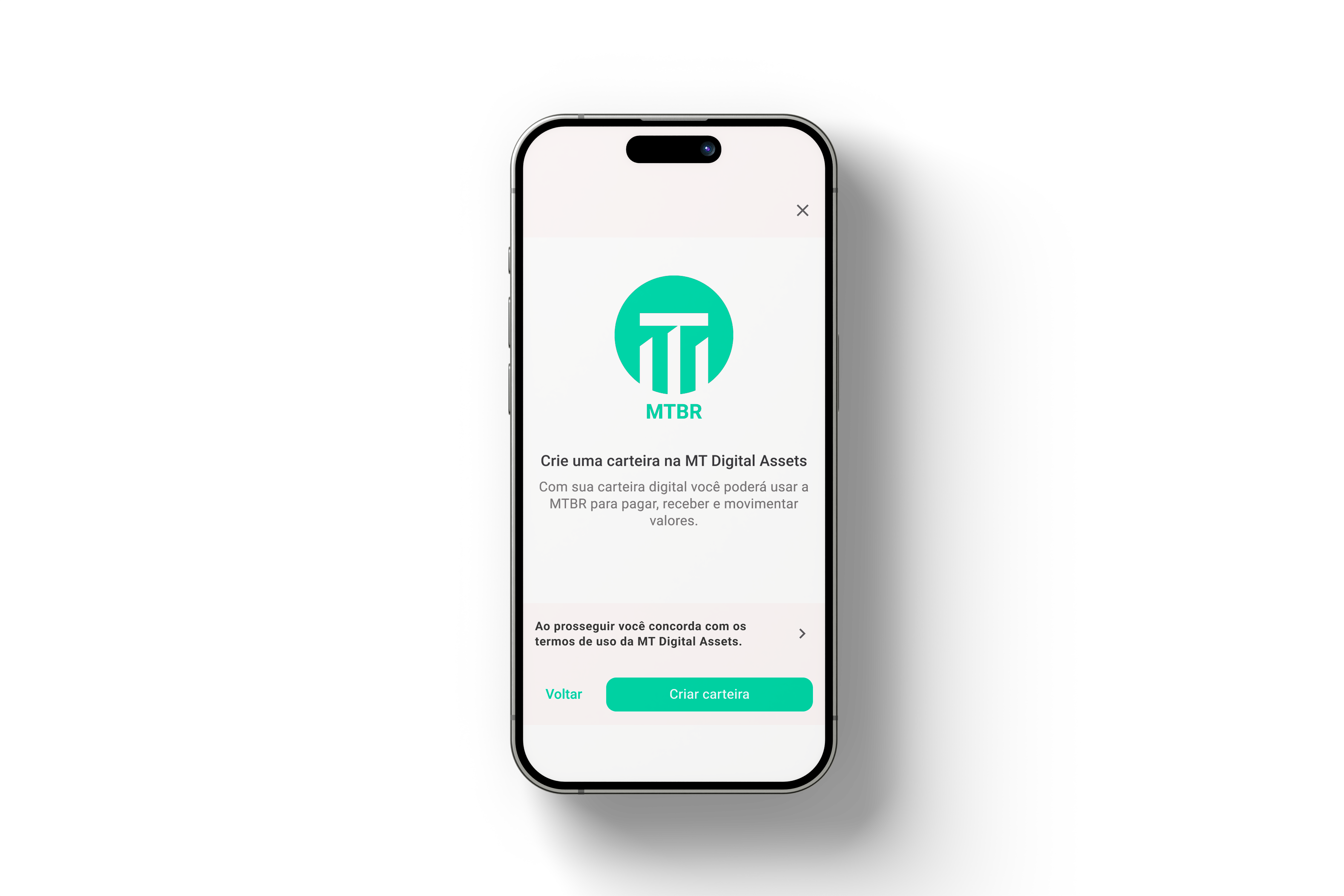 Tela do aplicativo da MT Digital Assets: criação de carteira para usar a stablecoin MTBR